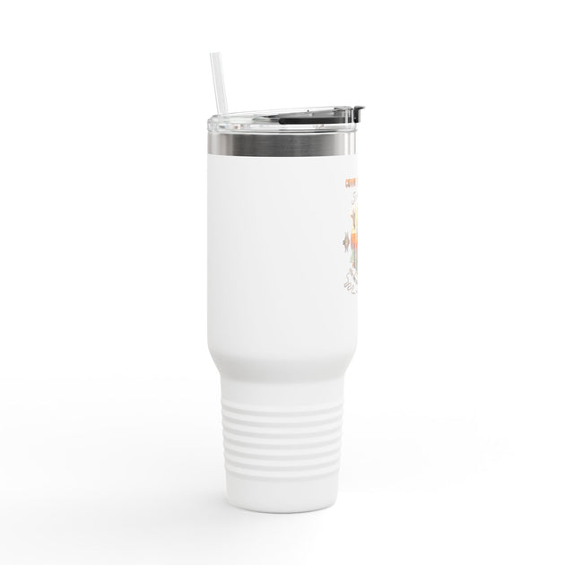 Gobelet isotherme blanc de 40 oz avec paille et motif imprimé sur le côté.