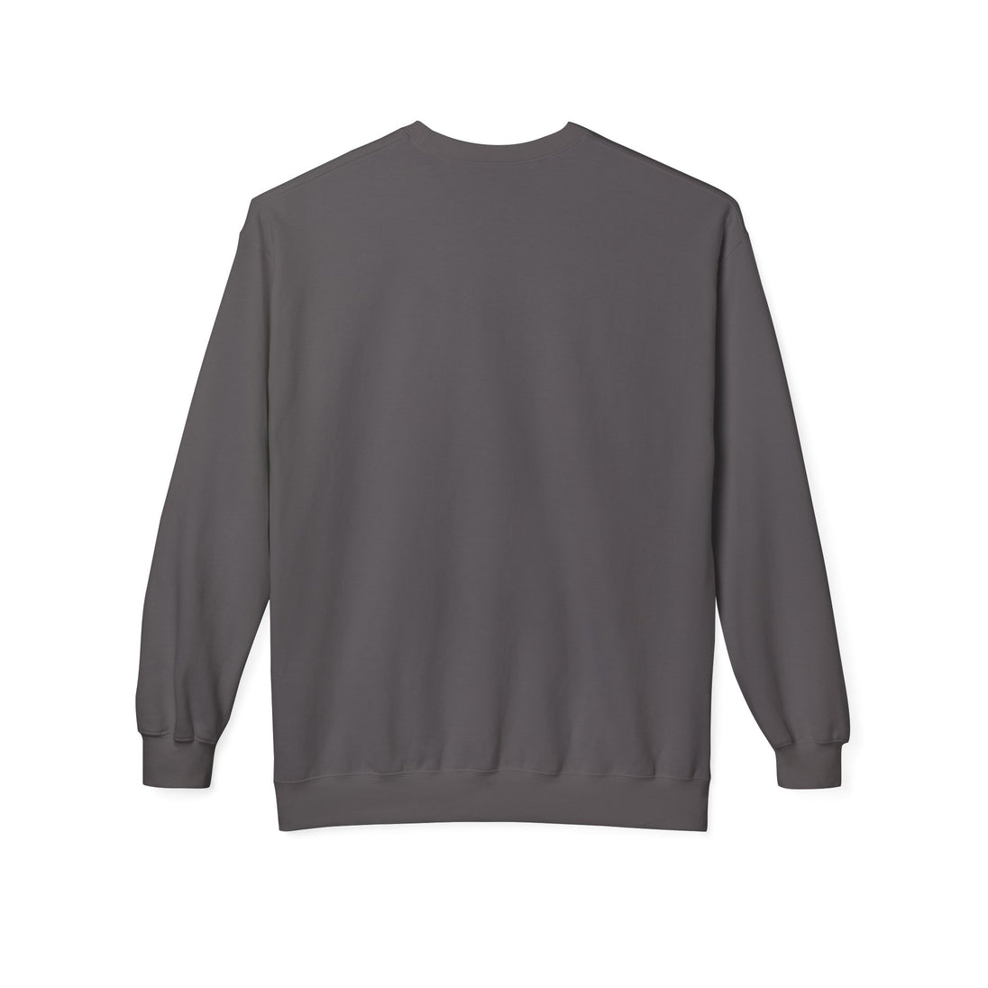 Vue arrière d'un sweatshirt gris foncé à manches longues avec une coupe décontractée.