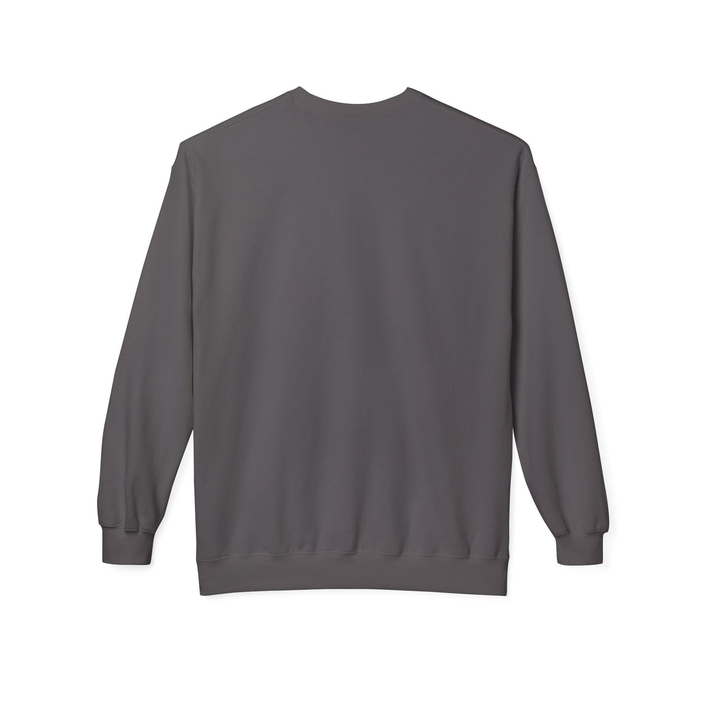Vue arrière d'un sweatshirt gris foncé à manches longues avec une coupe décontractée.