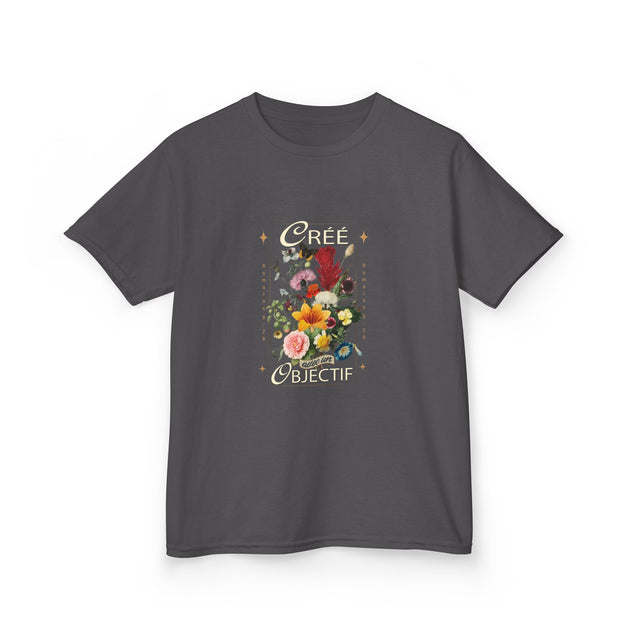 T-shirt gris pour enfant orné d'un bouquet floral et de l'inscription Créé avec un objectif.