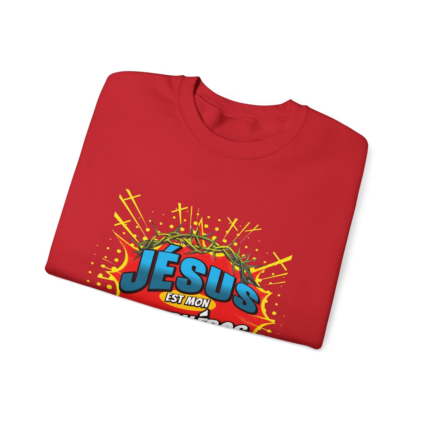 Sweat-shirt rouge plié avec une illustration style comics Jésus est mon superhéros.