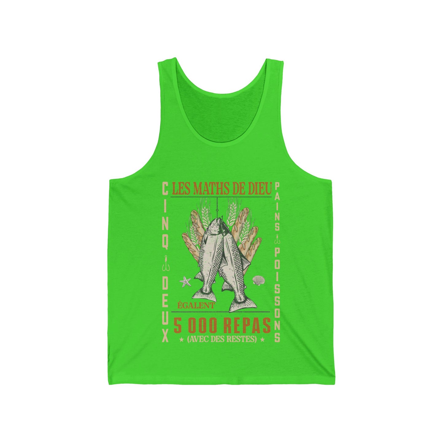 Débardeur vert vif pour homme avec une illustration humoristique de poissons et de pains.