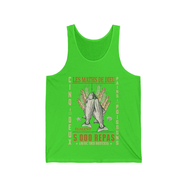 Débardeur vert vif pour homme avec une illustration humoristique de poissons et de pains.
