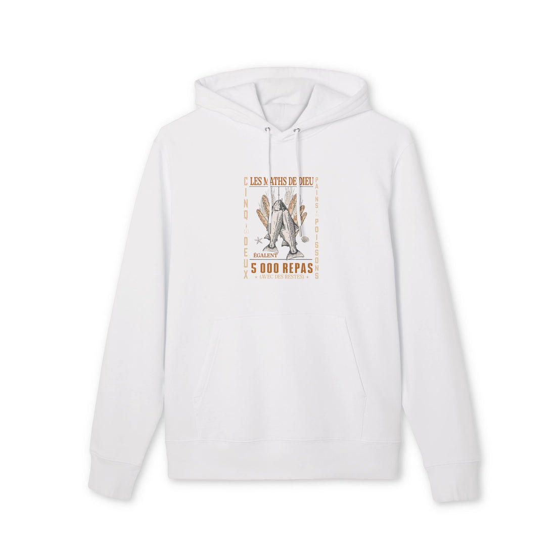 Sweat à capuche blanc en coton bio avec une illustration chrétienne sur la poitrine.