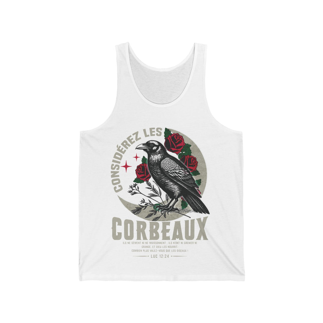 Débardeur blanc pour homme avec une illustration de corbeau, de roses et un verset biblique.