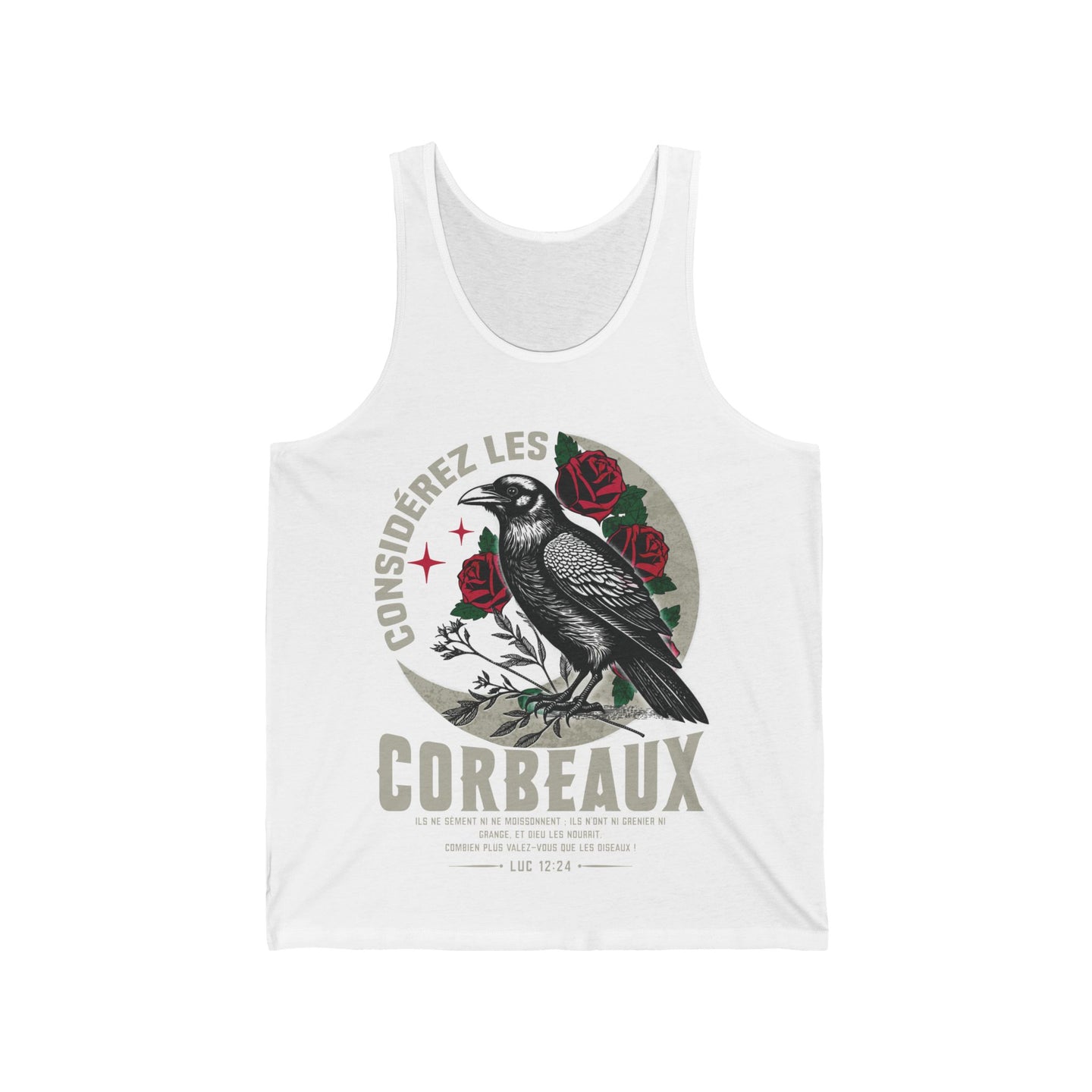 Débardeur blanc pour homme avec une illustration de corbeau, de roses et un verset biblique.