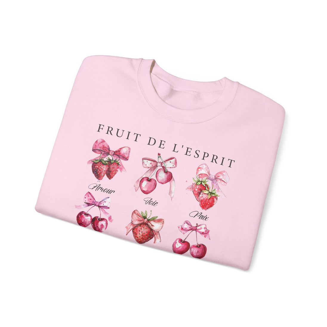 Sweat-shirt rose pâle orné d'illustrations de fraises et de cerises avec des nœuds.