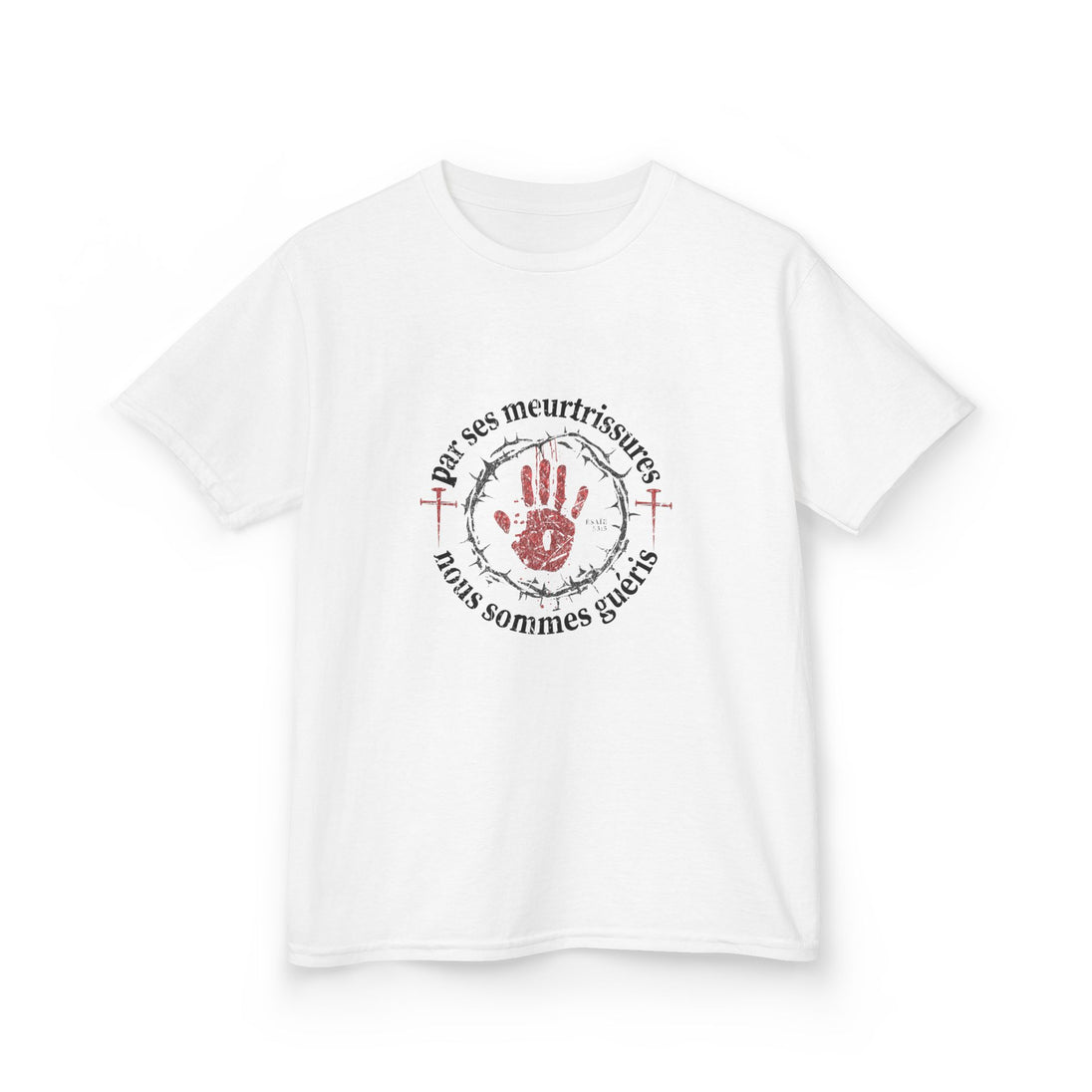 T-shirt blanc pour enfant avec une impression centrale représentant une main rouge entourée d'épines.