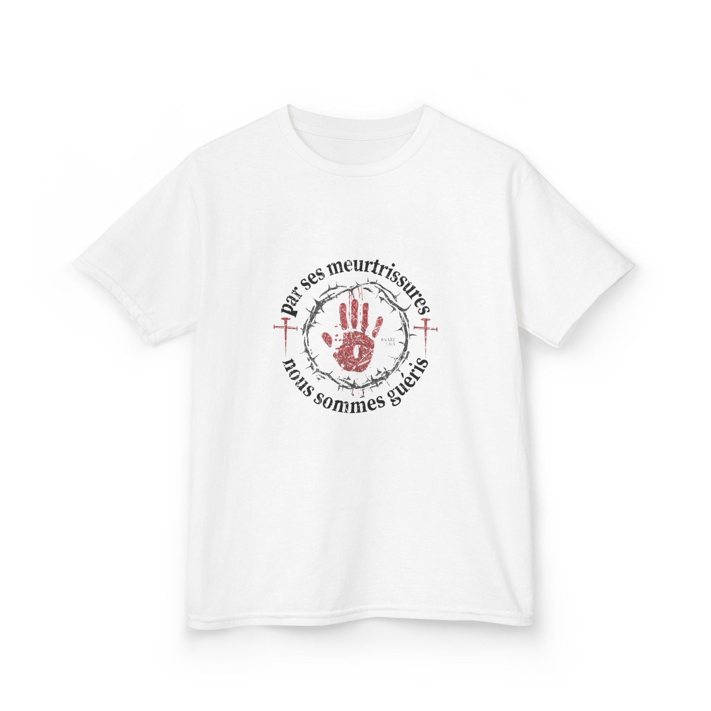 T-shirt blanc pour enfant avec une impression centrale représentant une main rouge entourée d'épines.