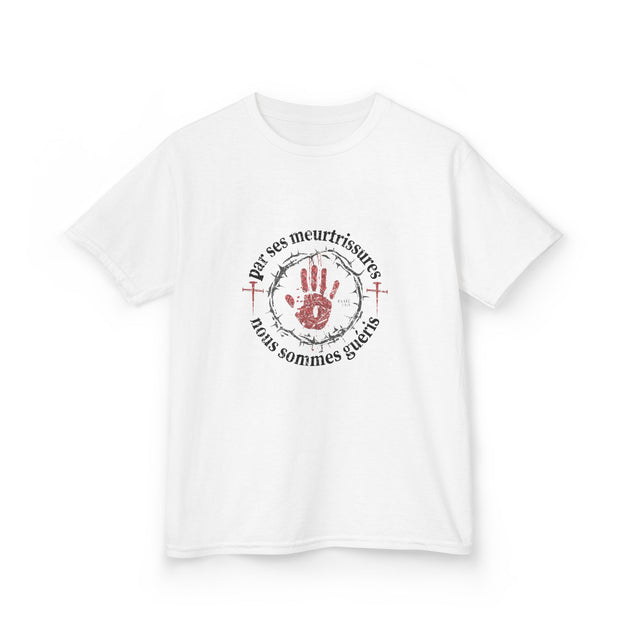 T-shirt blanc pour enfant avec une impression centrale représentant une main rouge entourée d'épines.