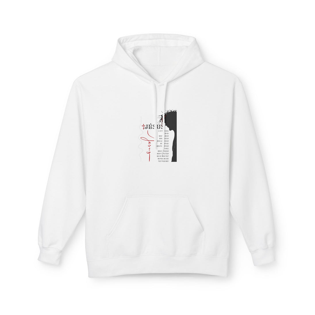 Sweat à capuche blanc pour femme avec une illustration verticale de Jésus et du texte en français.