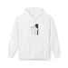 Sweat à capuche blanc pour femme avec une illustration verticale de Jésus et du texte en français.