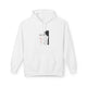 Sweat à capuche blanc pour femme avec une illustration verticale de Jésus et du texte en français.