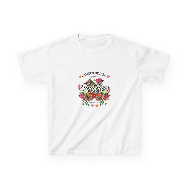 T-shirt blanc pour enfant orné d'un motif floral et du texte L'Amour de Dieu dure toujours.