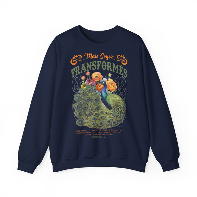 Sweat-shirt bleu marine avec un paon, des fleurs et le texte biblique Romains 12:2.
