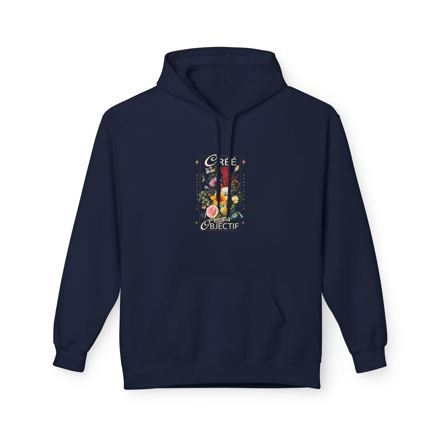 Sweat à capuche bleu marine pour femme avec un motif floral et l'inscription Créée avec objectif.