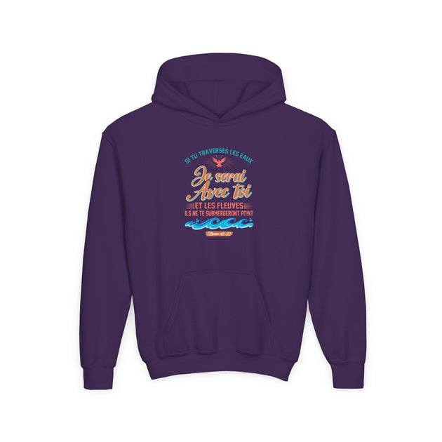 Sweat-shirt à capuche violet pour enfant avec un motif imprimé inspiré de la mer sur la poitrine.