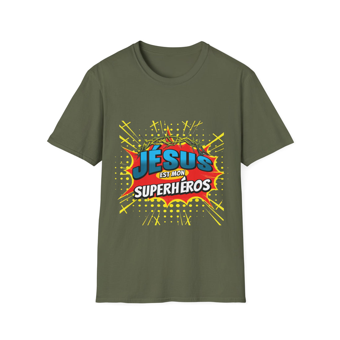 T-shirt vert olive pour homme avec un motif style bande dessinée Jésus est mon superhéros.