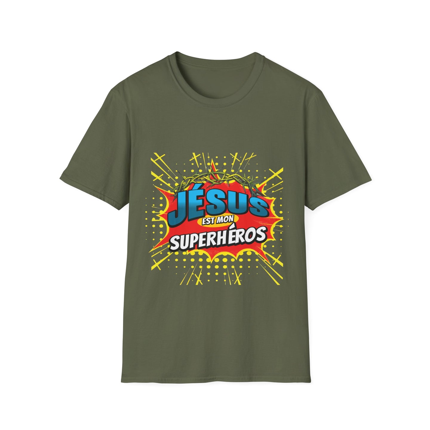 T-shirt vert olive pour homme avec un motif style bande dessinée Jésus est mon superhéros.
