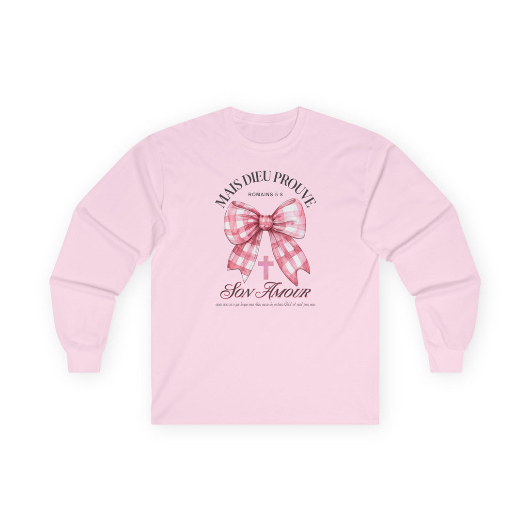 T-shirt rose à manches longues avec un motif de nœud vichy et une croix chrétienne.