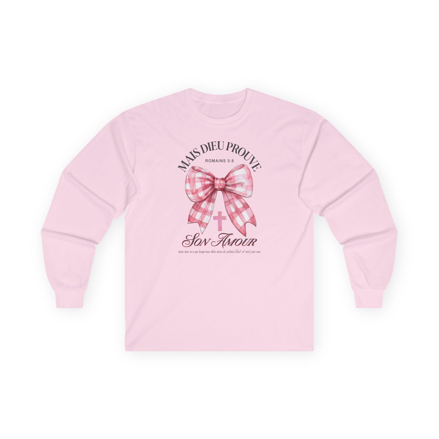 T-shirt rose à manches longues avec un motif de nœud vichy et une croix chrétienne.