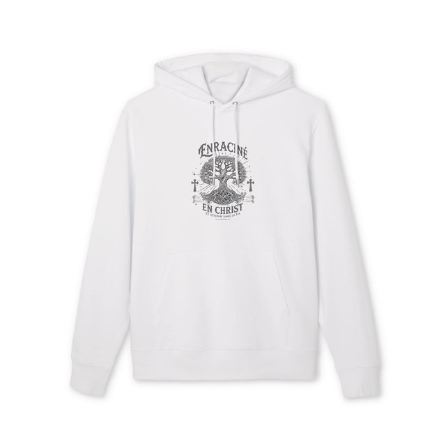 Sweat à capuche blanc en coton biologique avec un motif d'arbre et le texte Enraciné en Christ.