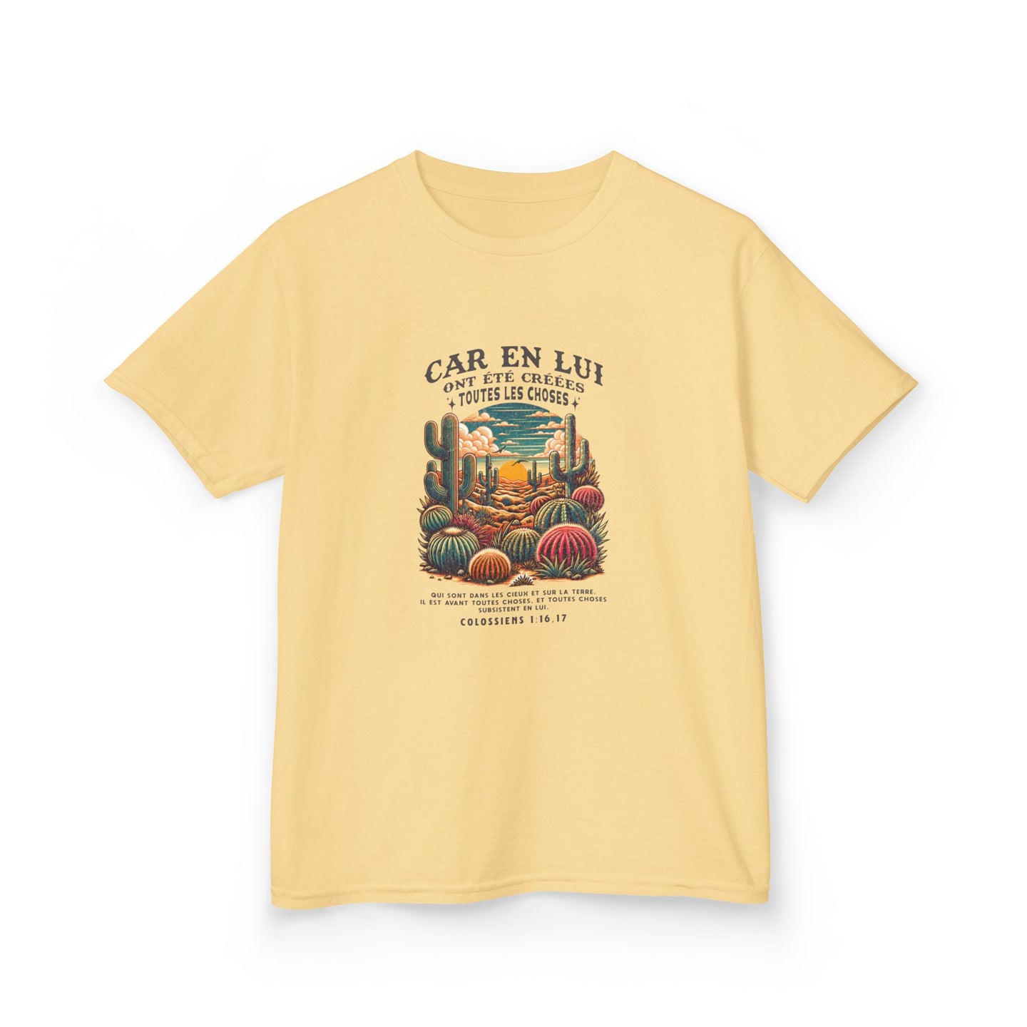 T-shirt jaune pour enfant avec une illustration de désert et un texte biblique en français.