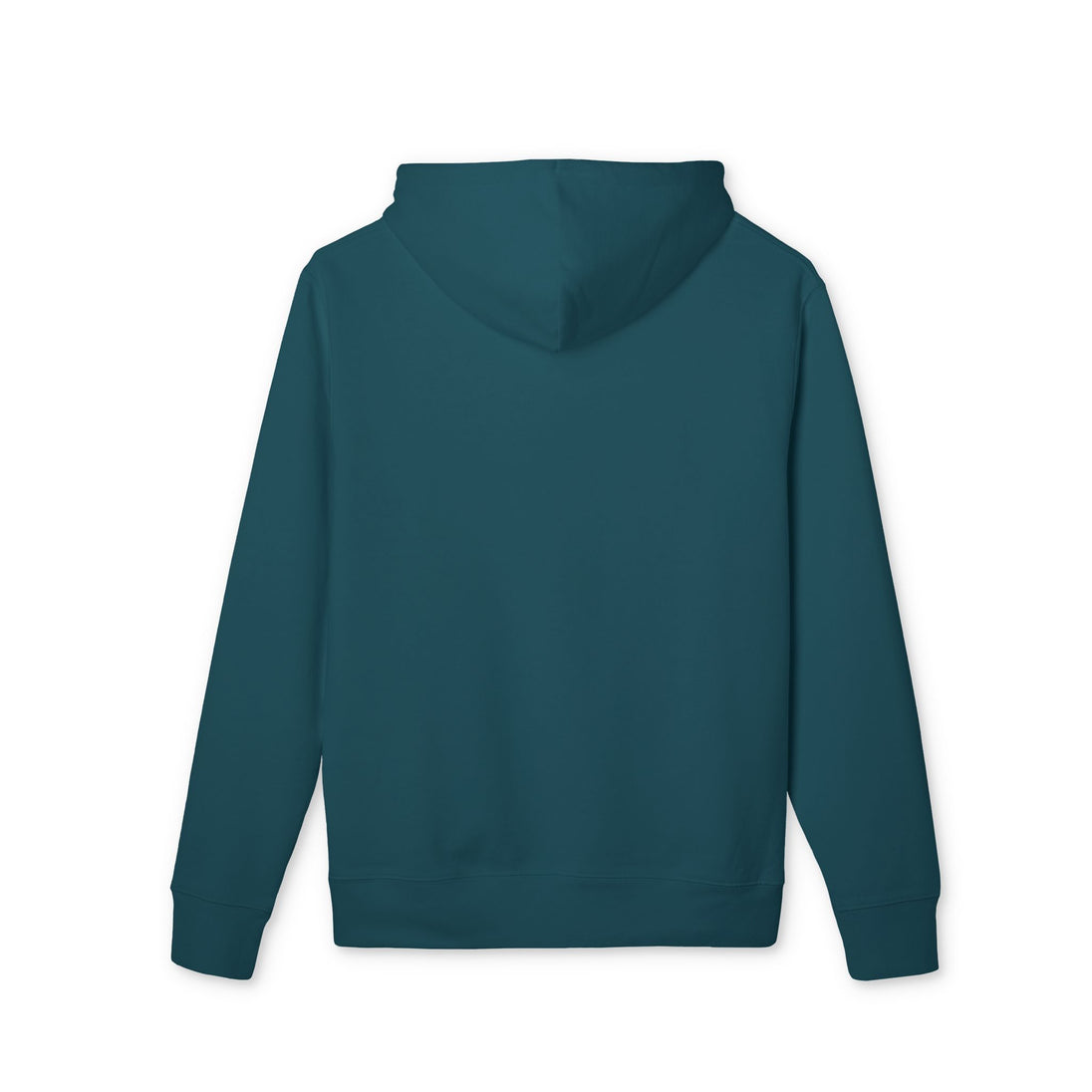 Vue arrière d'un sweat à capuche bleu pétrole uni en coton biologique.