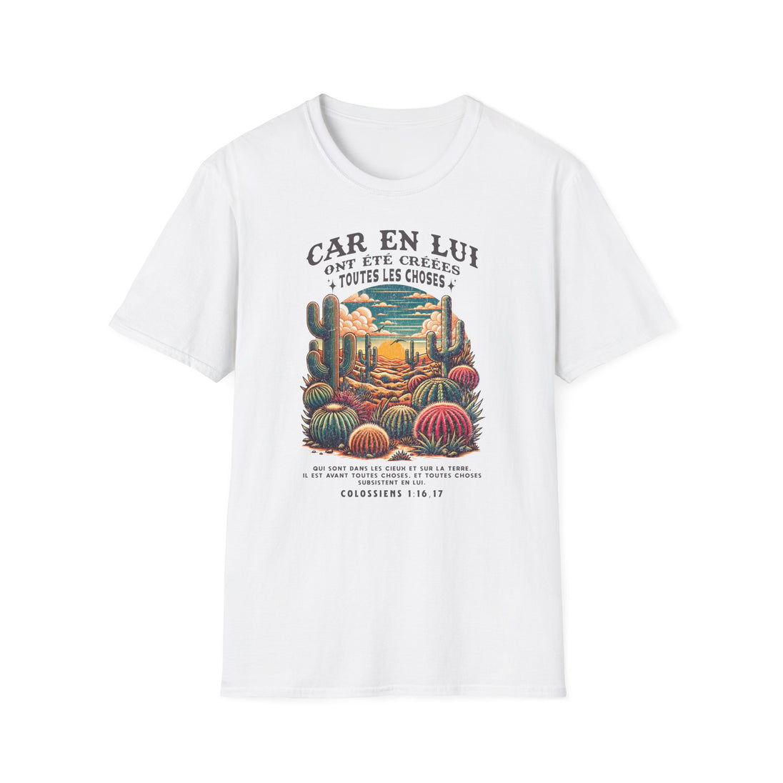 T-shirt blanc pour femme avec une illustration de cactus et un verset biblique en français.