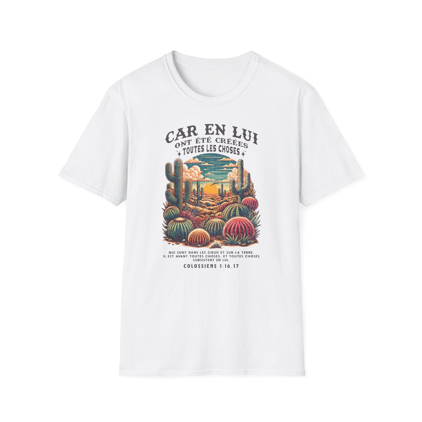 T-shirt blanc pour femme avec une illustration de cactus et un verset biblique en français.