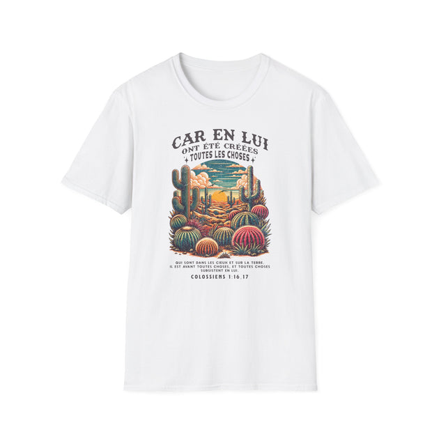 T-shirt blanc pour femme avec une illustration de cactus et un verset biblique en français.