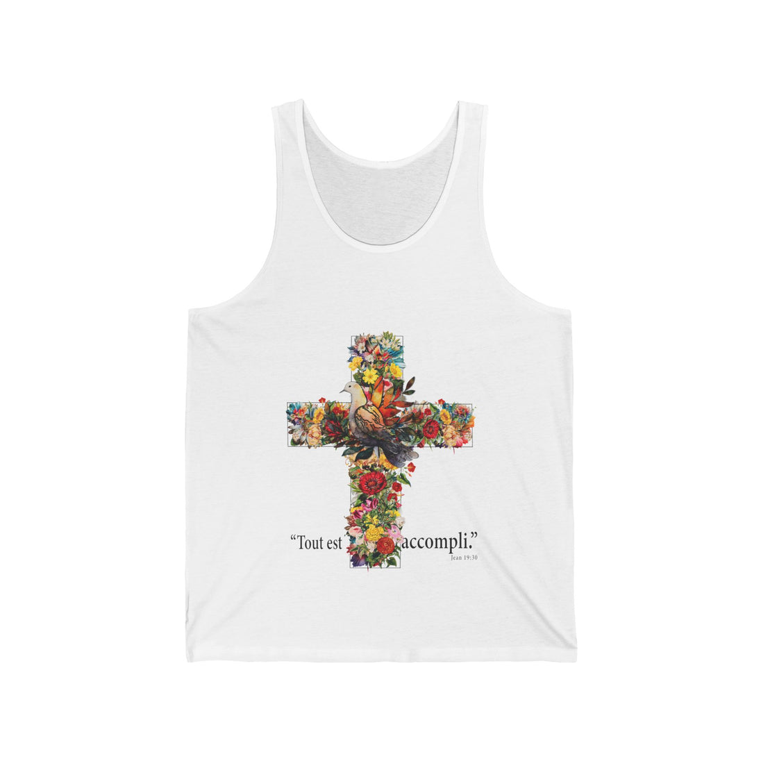 Débardeur blanc pour femme orné d'une croix fleurie avec une colombe et l'inscription Tout est accompli.