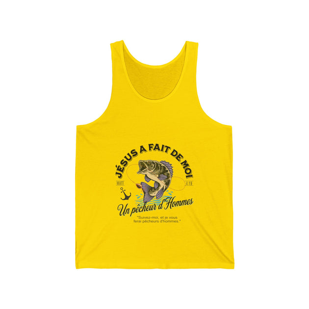Débardeur jaune pour homme avec une illustration de poisson et un texte religieux en français.