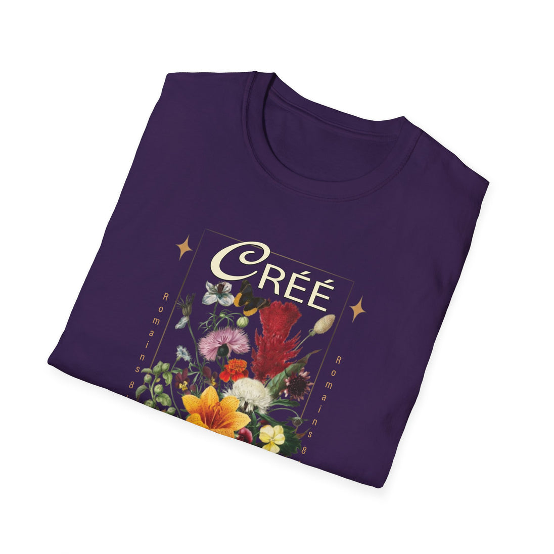 T-shirt violet pour femme avec un motif floral vintage et l'inscription Créé Romains 8.