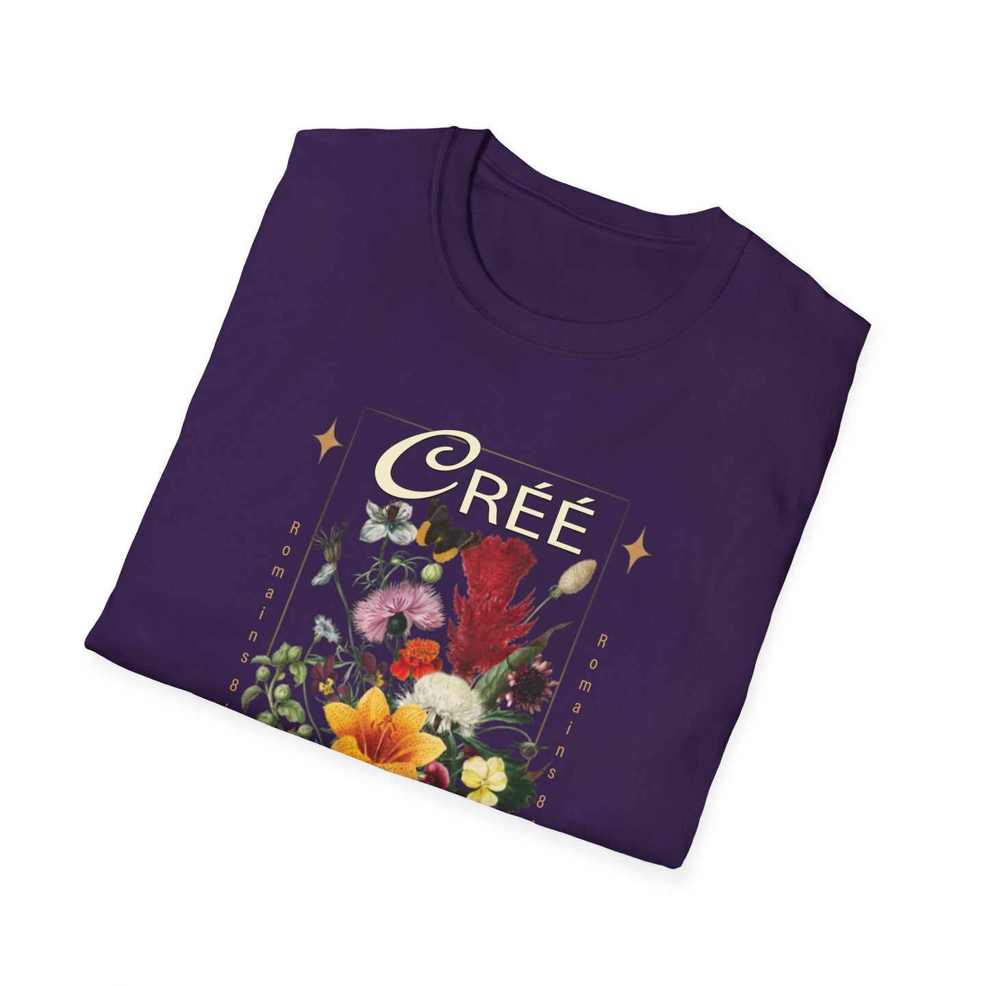 T-shirt violet pour femme avec un motif floral vintage et l'inscription Créé Romains 8.