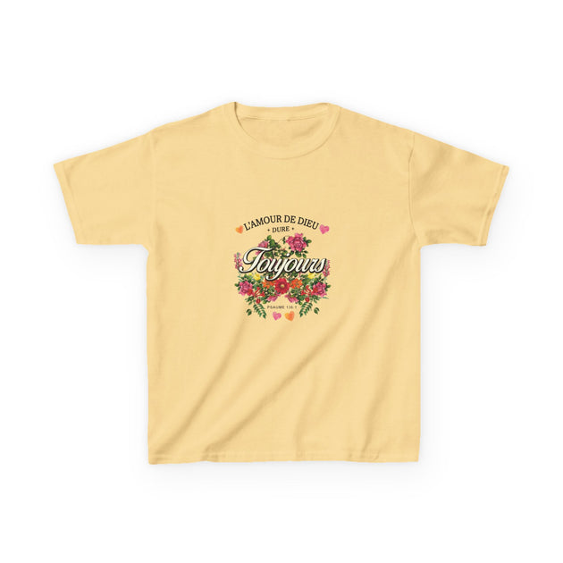 T-shirt jaune pour enfant avec un motif floral et l'inscription L'Amour de Dieu Toujours.