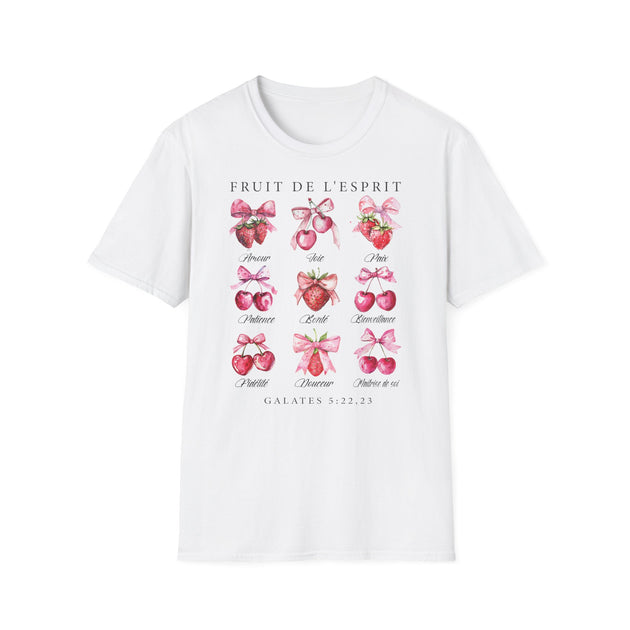 T-shirt blanc pour femme orné d'illustrations aquarelles de fruits et de nœuds roses.