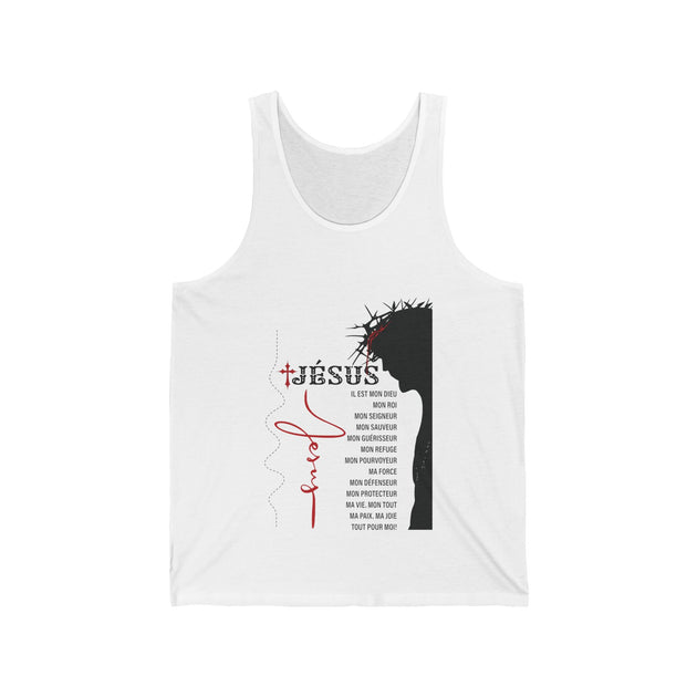 Débardeur blanc pour homme avec une illustration noire de Jésus et des inscriptions en français.