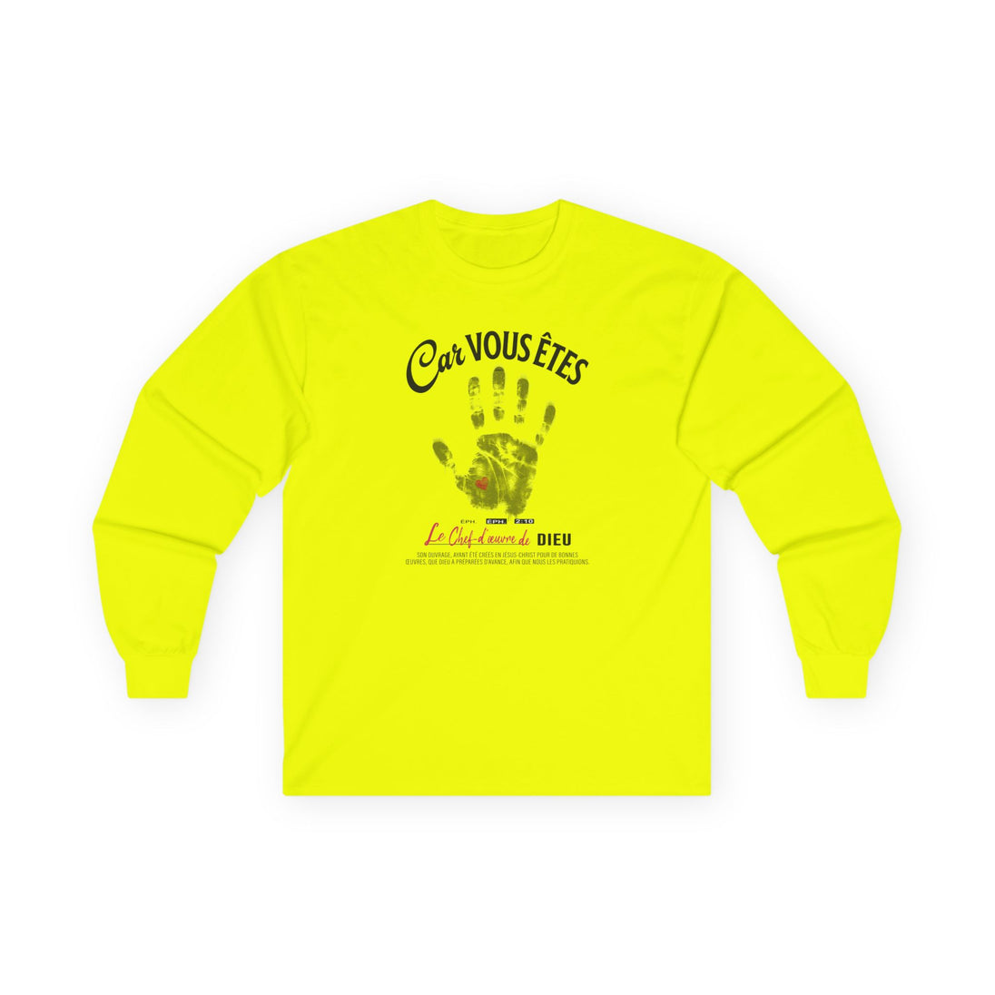 T-shirt jaune fluo à manches longues avec une empreinte de main et un texte religieux imprimé.