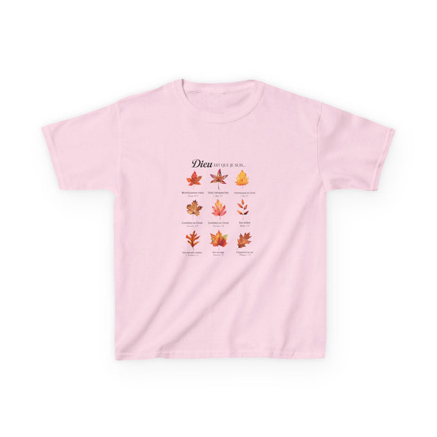 T-shirt rose pour enfant orné d'un motif de feuilles d'automne et de textes bibliques.