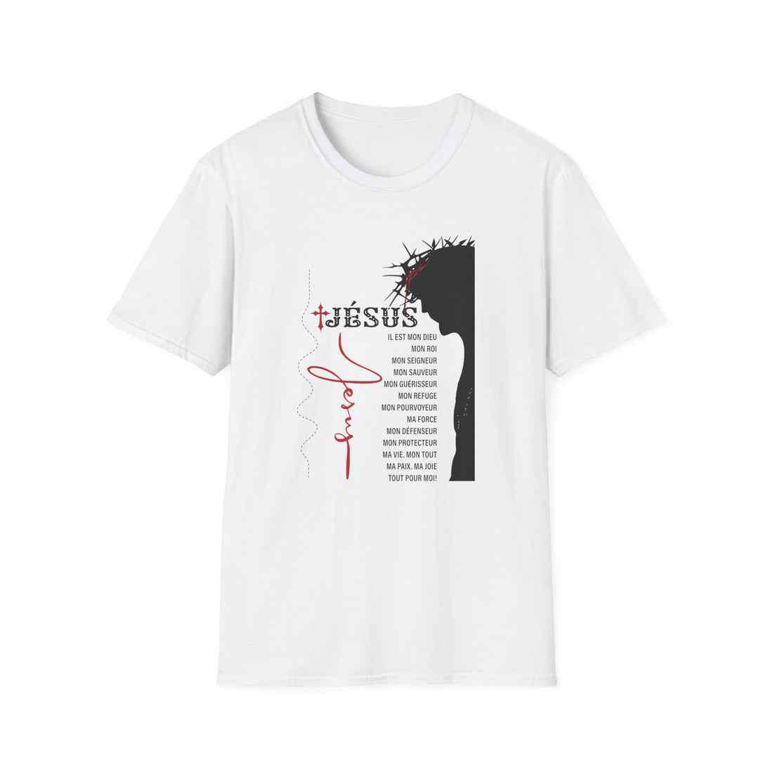 T-shirt blanc pour femme orné d'une couronne d'épines et d'un texte religieux en français.