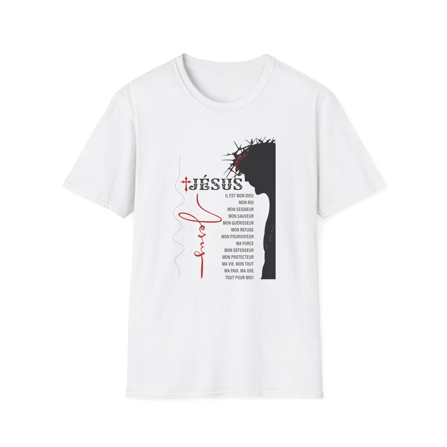 T-shirt blanc pour femme orné d'une couronne d'épines et d'un texte religieux en français.
