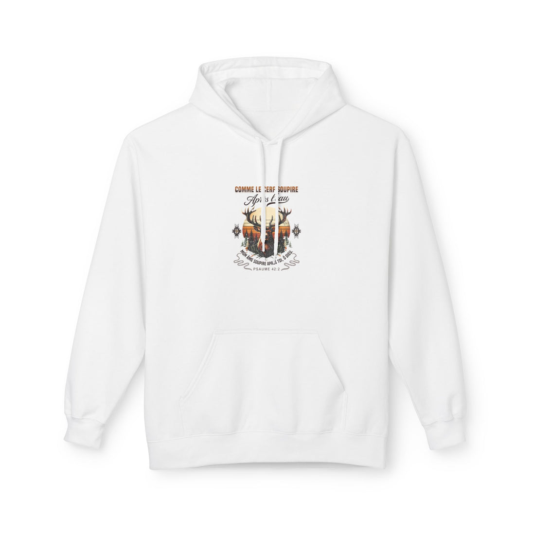 Sweat à capuche blanc pour femme avec un motif de cerf et une inscription religieuse.