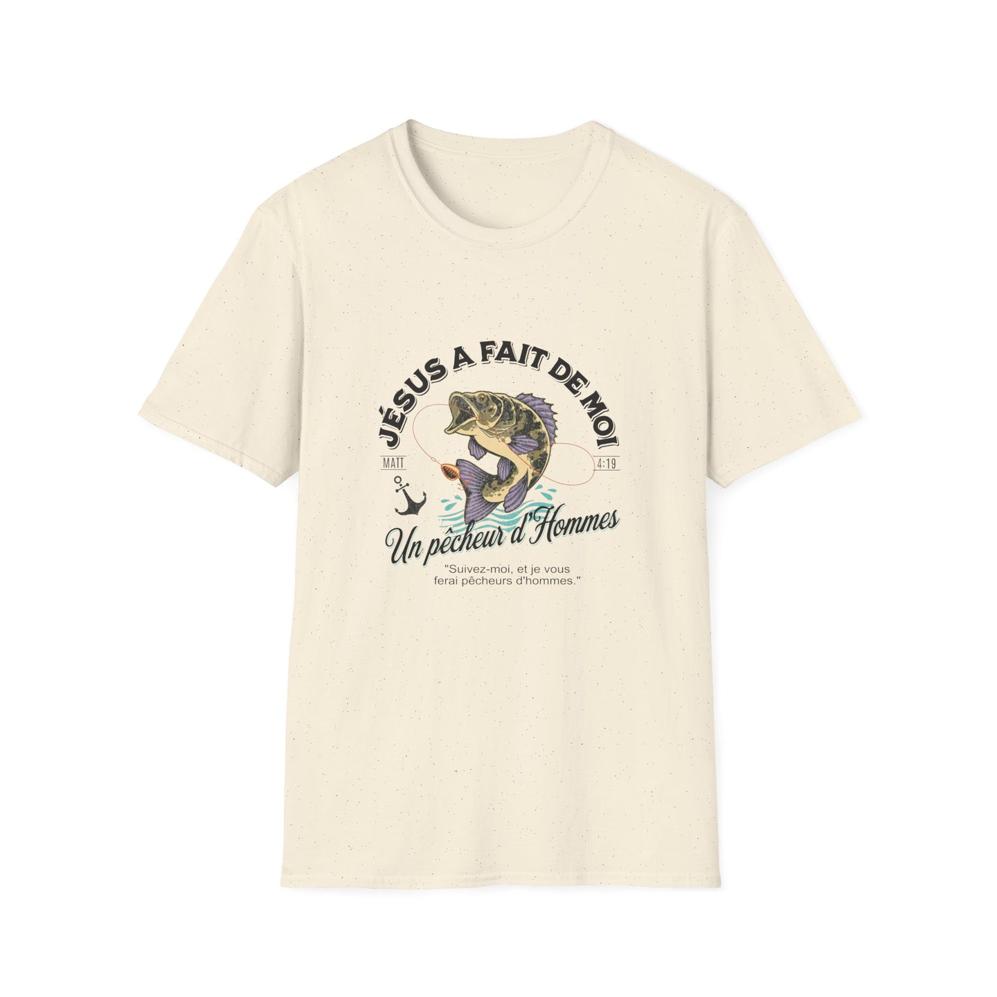 T-shirt beige chiné pour femme avec une illustration de poisson et un message religieux.
