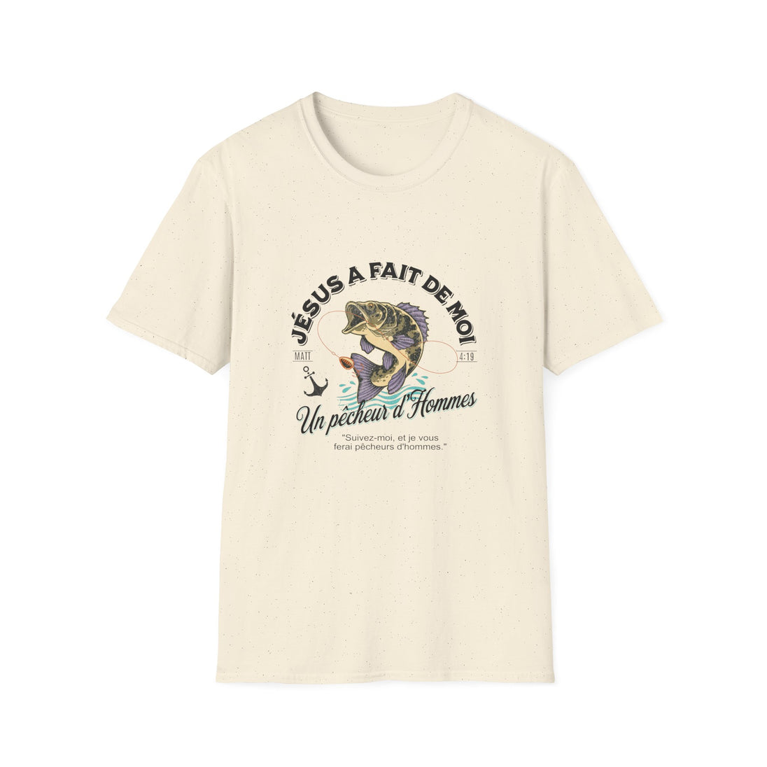 T-shirt beige en coton avec une illustration de poisson et le texte Jésus a fait de moi un pêcheur.
