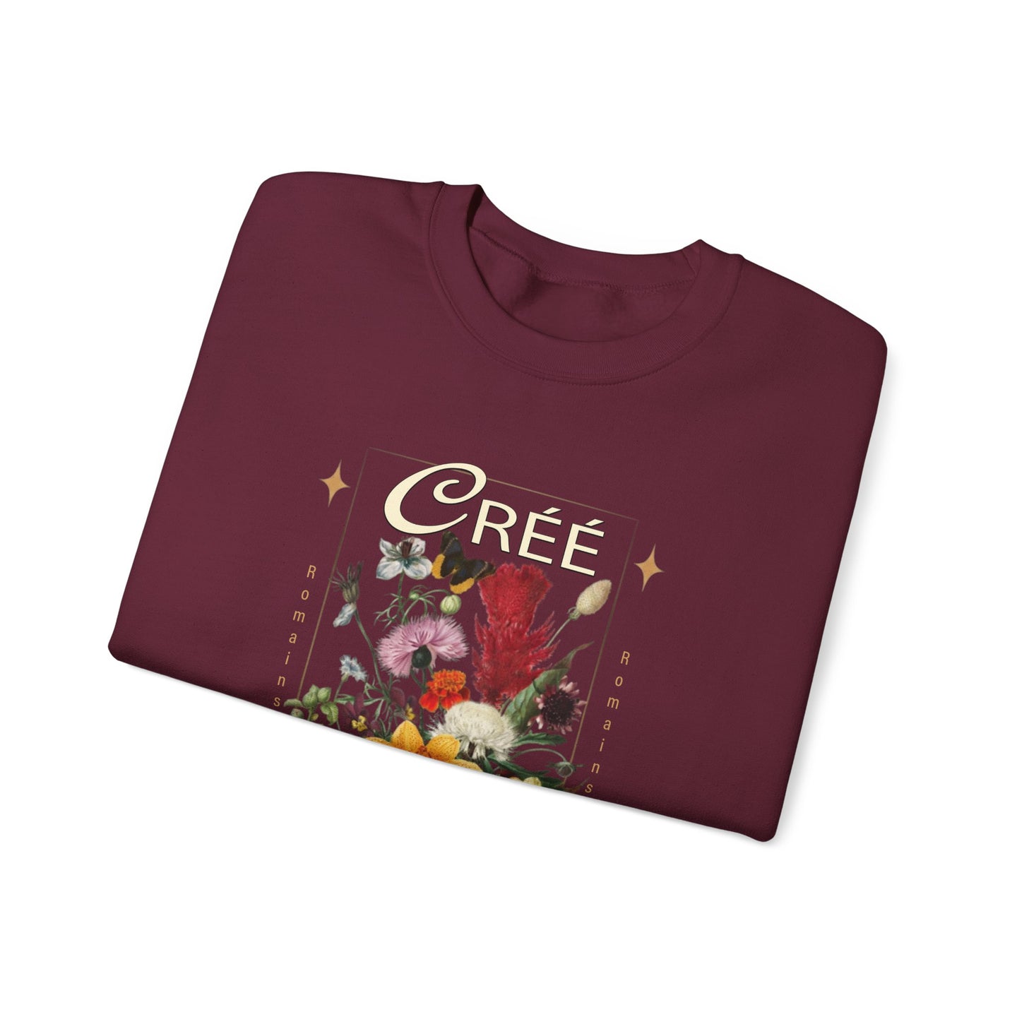 Sweat-shirt bordeaux pour femme avec une illustration florale vintage et le mot Créé.