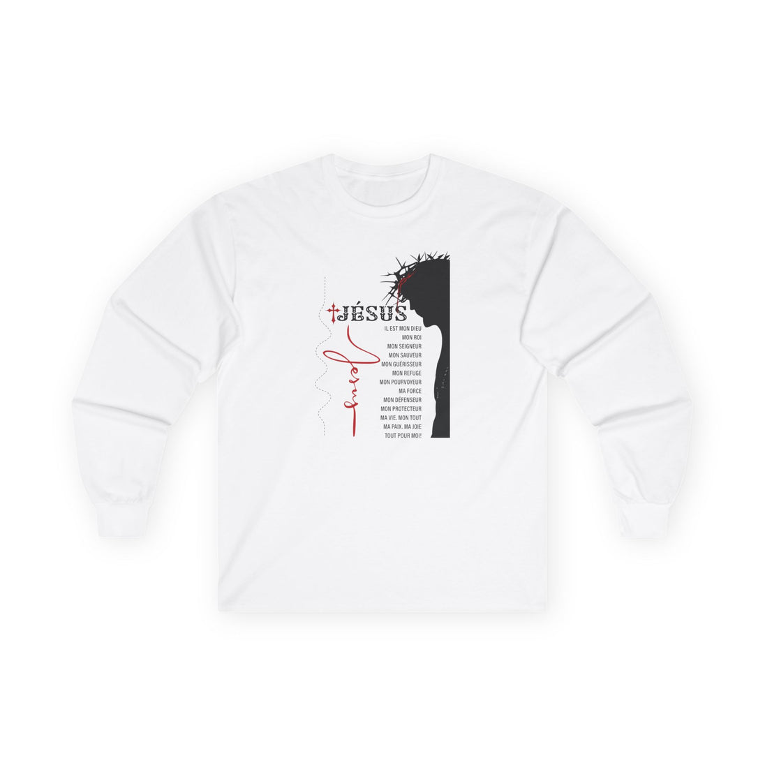 T-shirt blanc à manches longues avec une illustration de Jésus et des inscriptions en français.