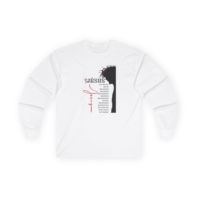 T-shirt blanc à manches longues avec une illustration de Jésus et des inscriptions en français.