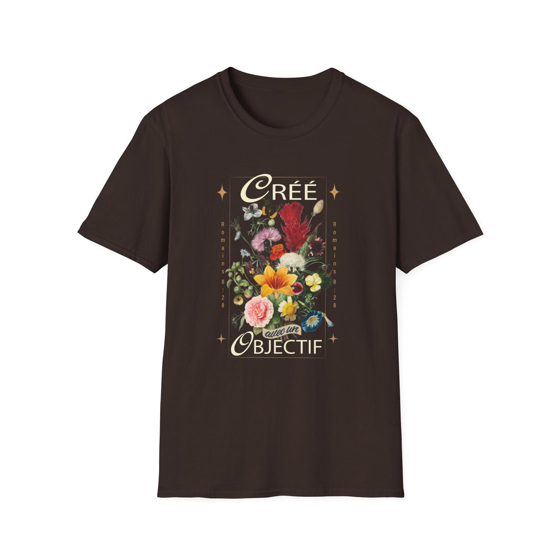 T-shirt marron pour femme orné d'un bouquet de fleurs vintage et de l'inscription Créé avec un objectif.
