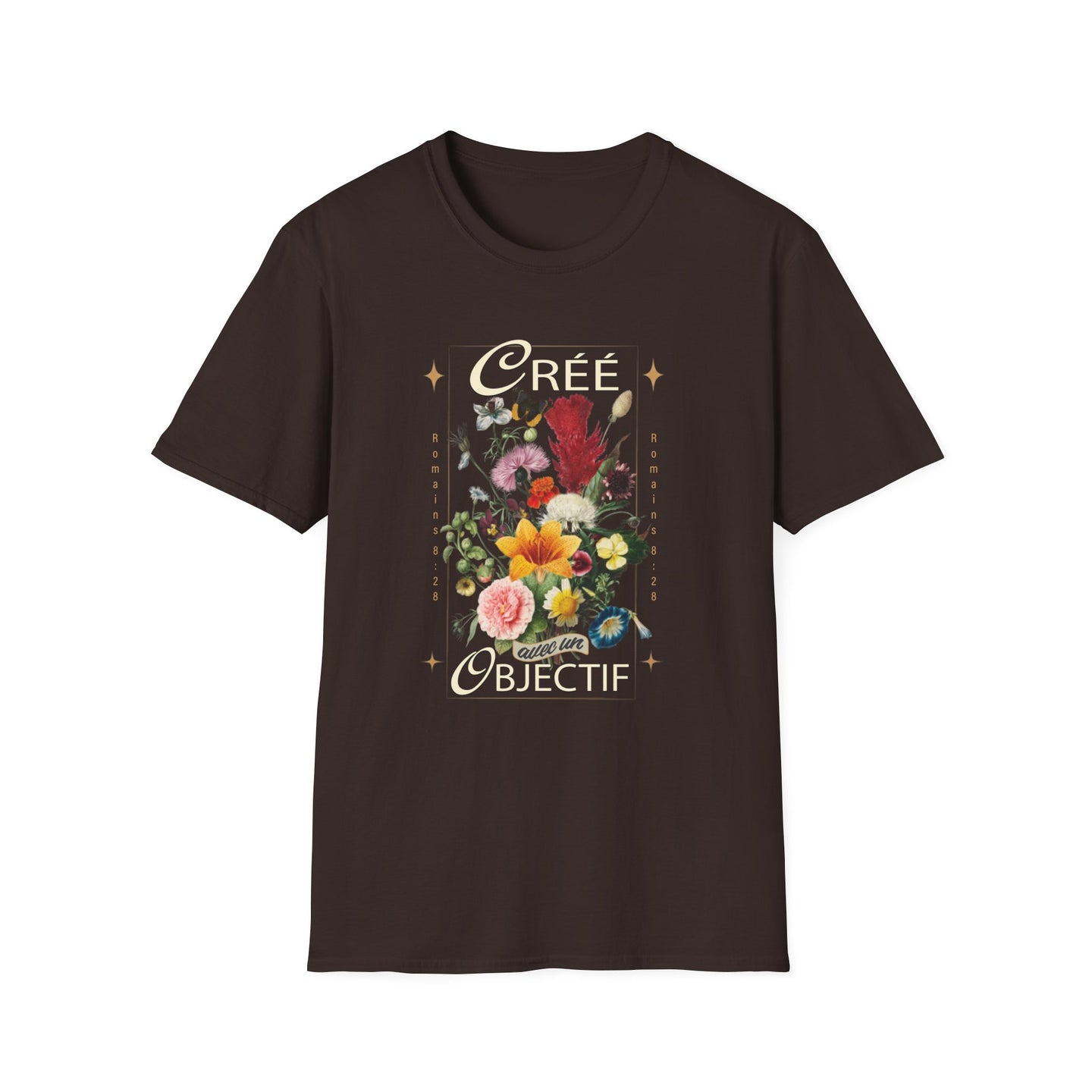 T-shirt marron pour femme orné d'un bouquet de fleurs vintage et de l'inscription Créé avec un objectif.
